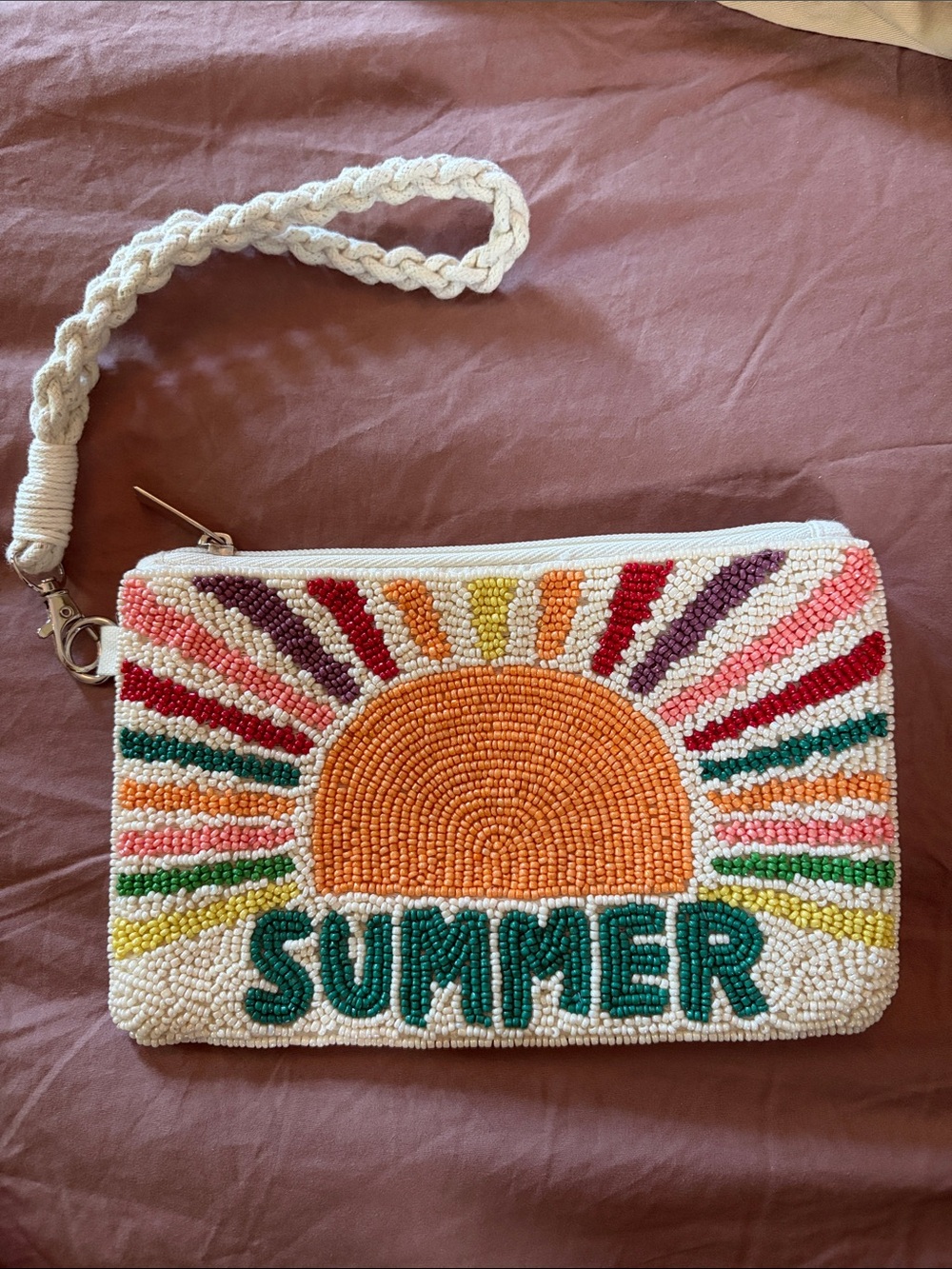 Beaded 'SUMMER' Wristlet Clutch in White with Multicolor Sun Design